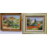 J.P. Mocci: oil painting on canvas, La Tache Rouge, landscape with chateau, signed and titled en