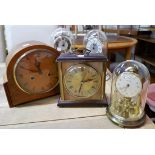 Two 1930's oak mantel clocks with strike; 3 modern 400 day clocks; a gilt mantel clock; 2 warming