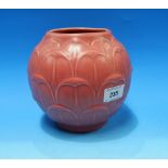 A Royal Lancastrian pottery vase of spherical form, with moulded petal decoration, pink glaze, 6½"