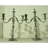A pair of Georgian style 3 branch candelabra, silver on copper with scroll and acanthus relief