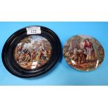 Two 19th century Prattware pot lids: Girl with sheep (chipped) & Village dancing, in ebonised
