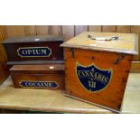 3 reproduction chemist boxes with painted labels in blue, cannabis, opium and cocaine