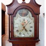 A late 18th century oak longcase clock with extensive mahogany crossbanding, the hood with swan neck