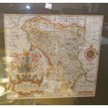 Saxton: "Derbyshire", 17th century hand coloured map, 11" x 12", framed and glazed; 2 prints,