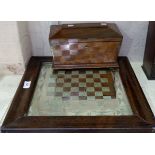 A Victorian mirror chessboard in cushion frame, 15" square; a late Georgian mahogany tea caddy,