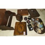 A Sorrento ware blotter; various 1920's poker work boxes; other treen