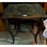 An Edwardian carved 2 tier occasional table with shaped rectangular top; a corner whatnot; a
