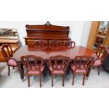 A mahogany Victorian style dining suite comprising rounded rectangular extending table, length