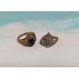 A 9 carat hallmarked gold dress ring set blue stone and 12 clear stones in 2 tiers; a similar ring