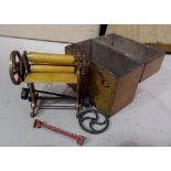 An Edwardian unusual toy mangle in box; metalware; etc.