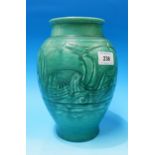 A Royal Lancastrian pottery vase of ovoid form, with moulded decoration of galleons, blue/green
