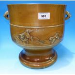 A Large brass Japanese temple vase with relief decoration of Dogs of Fo on circular base height 10.
