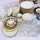 Three bone china tea set trios; 4 cabinet plates; a continental porcelain dinner service; a