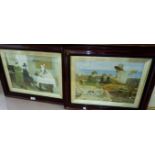 A pair of early 20th century colour prints in matching mahogany frames with gilt mounts, 17" x 22"