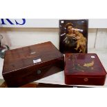 A 19th century rosewood jewellery box; a nest of oriental red lacquer boxes; a walnut box; a