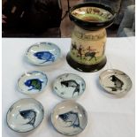 Six Chinese porcelain shallow dishes decorated with fish; a Royal Doulton Seriesware large vase "