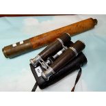 A pair of early 20th century twin telescope binoculars, cased; a 19th century mahogany telescope