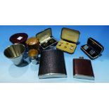 A set of mother-of-pearl cufflinks and studs, cased; 2 cased sets of cufflinks; 2 hip flasks; 2