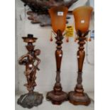 A pair of large bronzed table lamps; a similar Art Nouveau style lamp; a large hanging lantern