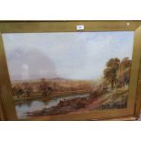 Albert Pollitt (1856-1926): River landscape with man fishing from a barge, watercolour, signed, 21½"