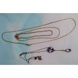 A box link neck chain and 2 bracelets, stamped '9K'; an Edwardian pendant set amethyst coloured