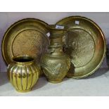 A Chinese brass dragon vase, 10"; another vase, both with seal marks to base; 2 circular wall plates