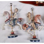 A Capodimonte figure: seated tramp, height 11" (arm a.f.); a pair of Lladro carousel horses with