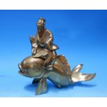 A Chinese brass incense burner, sage riding dolphin 7" (no hands)