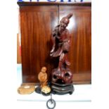 A Chinese carved root figure, 11"; other oriental items