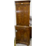 A burr walnut floor standing corner cupboard, period style in the Reprodux manner, enclosed by 2