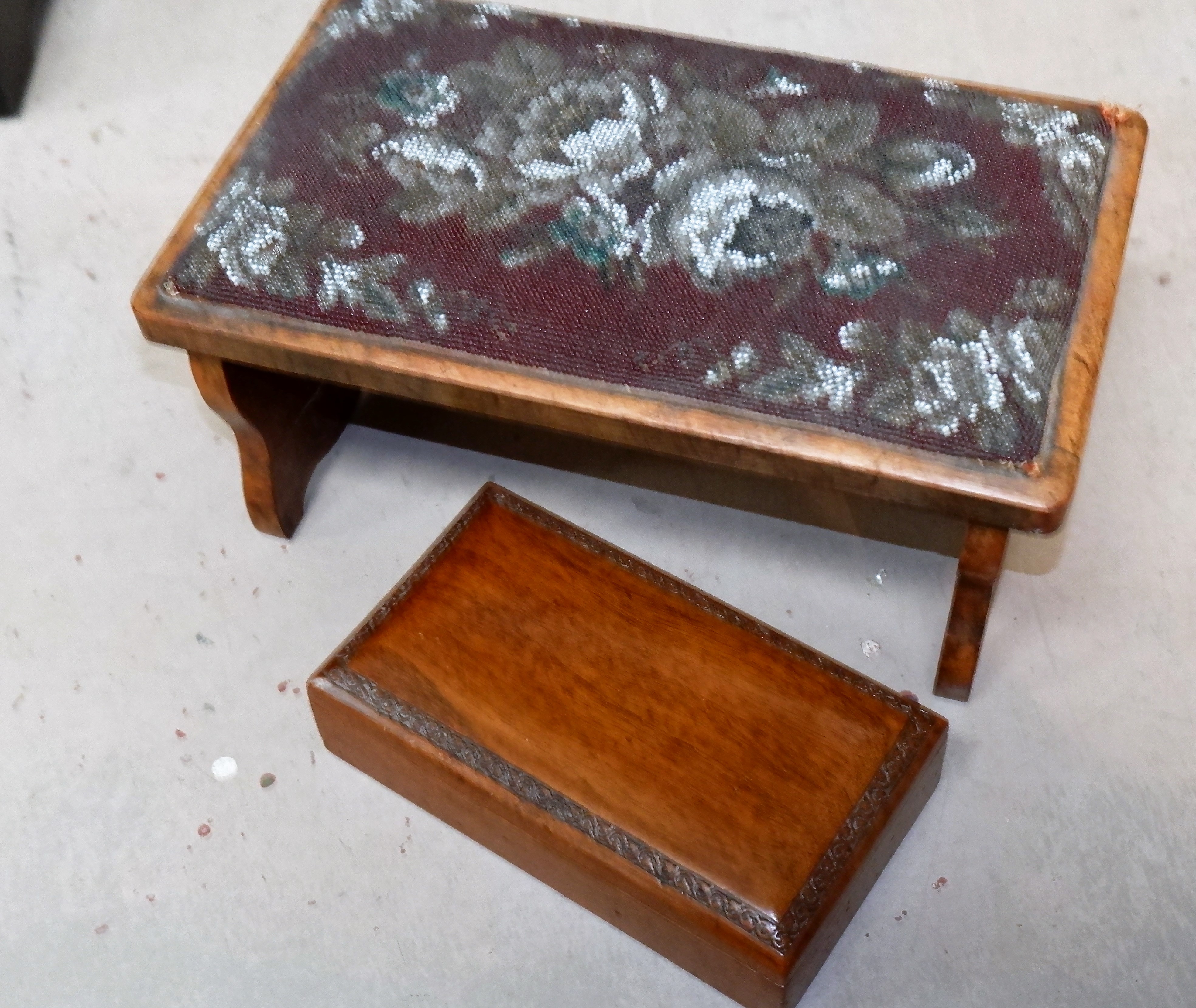 a beadwork stool; an oriental wood box