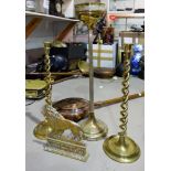 A pair of large brass candlesticks open barley twist; a brass bowl on stand; a brass trivet; a