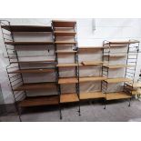 A Ladderax style wall shelf unit, 4/5 sections with metal uprights and teak effect shelves