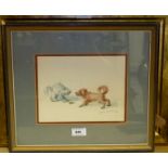 Albin Trowski: Dog and cat with a ball, watercolour, signed, 7" x 9", framed and glazed