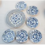 Six late Meissen shallow dishes, onion pattern (1 repaired); a similar Royal Copenhagen ribbon