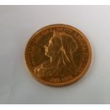 A Victorian 1893 gold five pound coin