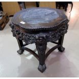 A late 19th/early 20th century Chinese carved hardwood table inset grey variegated marble top, width