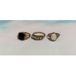 Three 9 carat hallmarked gold dress rings: one set opal coloured stone; one set black stone; one set