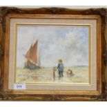 D. Constable: Modern oil on canvas of boat on beach scene 7"x9.5" in gilt frame