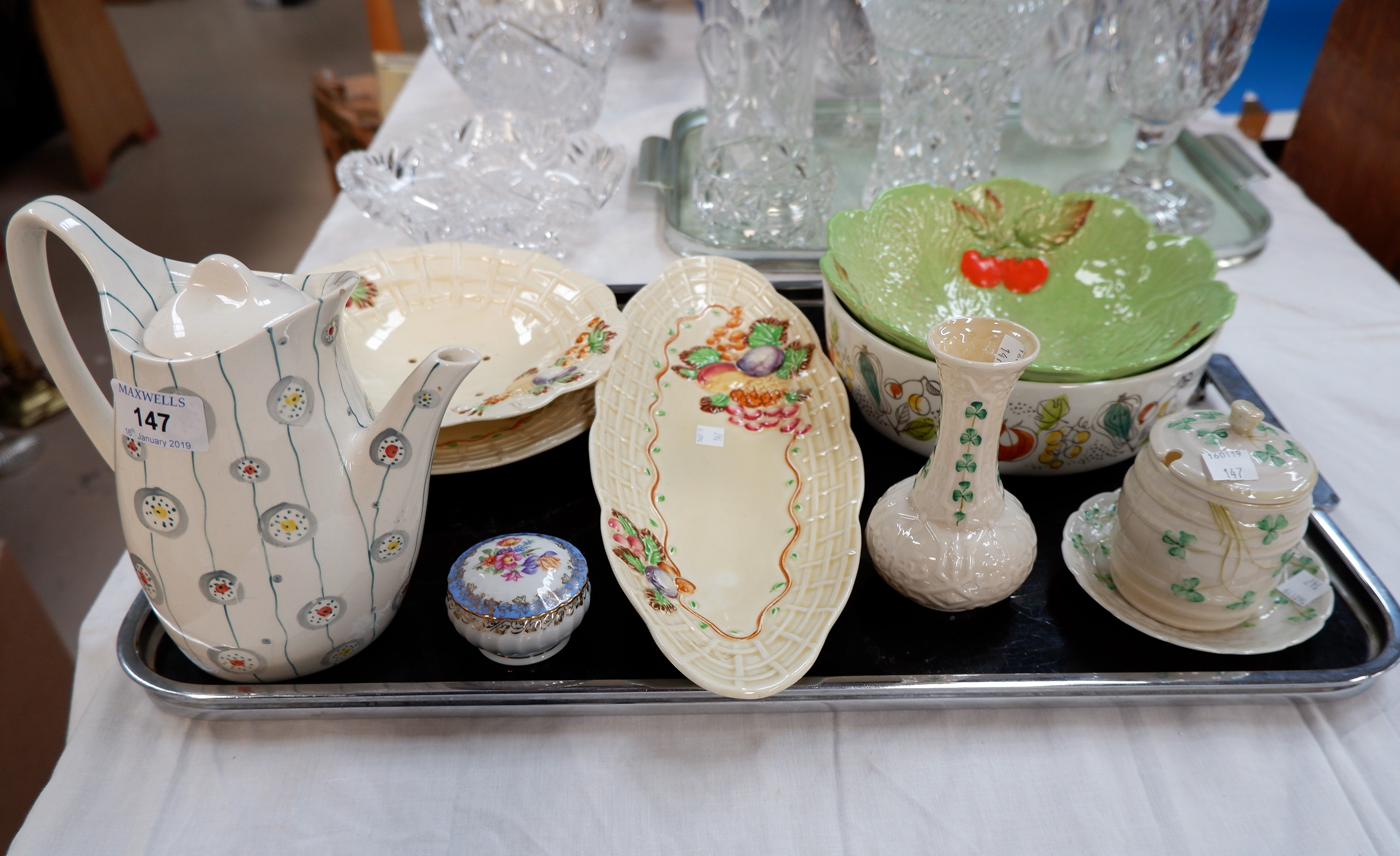 A Belleek preserve pot, vase and dish; a Carlton bowl; a Midwinter teapot; decorative china