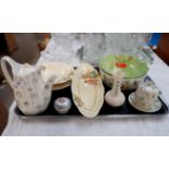 A Belleek preserve pot, vase and dish; a Carlton bowl; a Midwinter teapot; decorative china