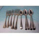A set of 4 silver Old English pattern spoons, Sheffield; another; 2 table forks and 3 dessert forks,