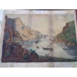 19th Century: Continental watercolour of inlet harbour with shipping, unsigned, 14" x 20"