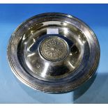 A silver commemorative dish for the Queen Mother, with central coin, Sheffield, 3½ oz.
