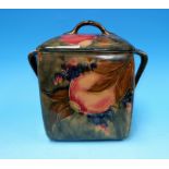 Moorcroft for Liberty & Co: a square 2 handled biscuit barrel, pomegranate and grape pattern, signed