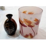 A Derek Clarkson Studio stoneware vase of ovoid form, 8"; a studio glass cylindrical vase by