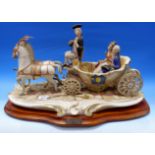 A large Capodimonte group: couple in horse drawn open carriage "Carrozza 800 by Cortese", length