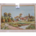F H Tyndale: Rural country scene with geese, pond and thatched cottage, watercolour, signed, 10" x