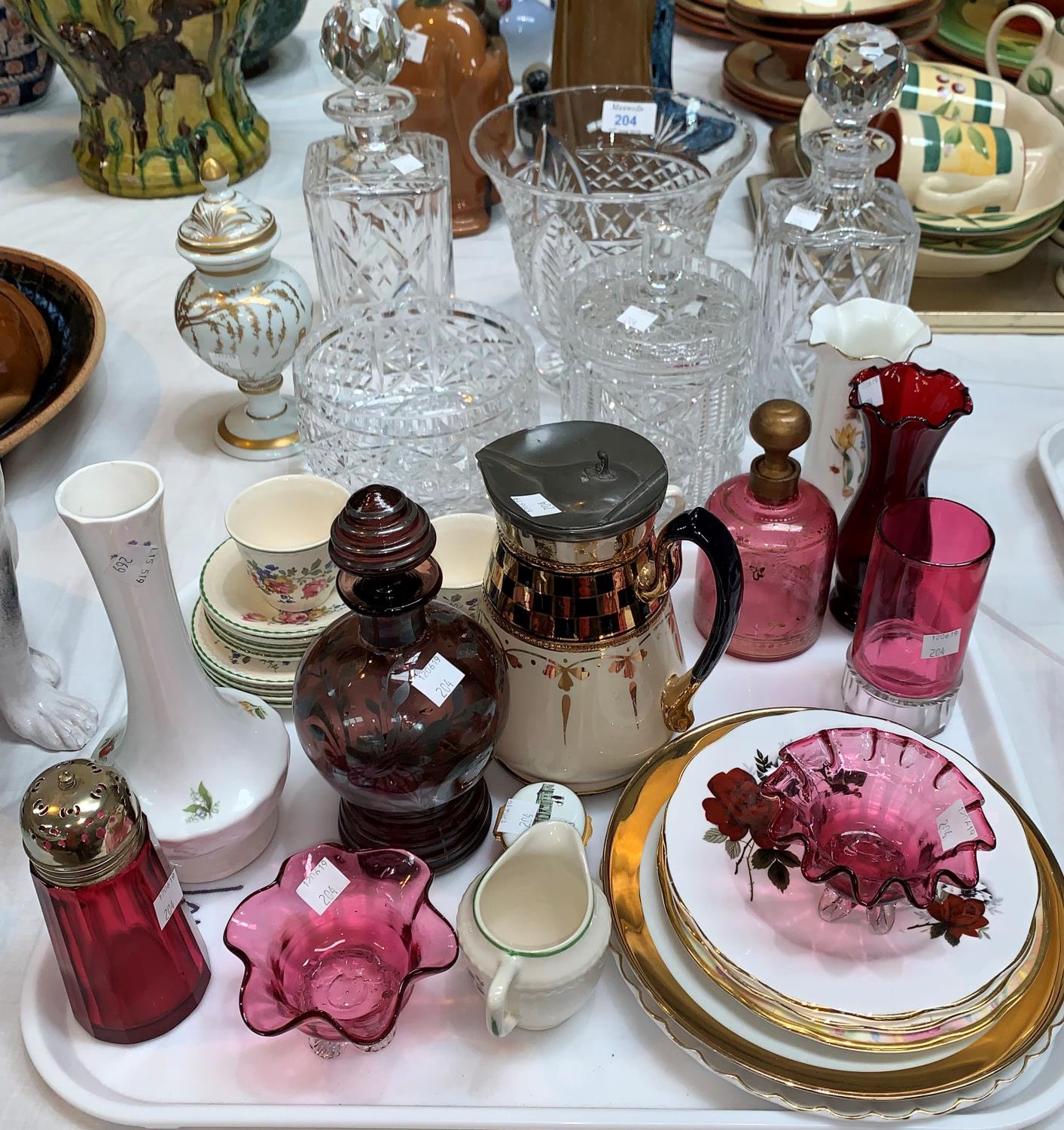 A pair of crystal decanters; cut and coloured glass; china