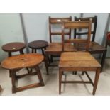Three 19th century oak "Country Regency" dining chairs; 2 circular top stools; an oval stool/